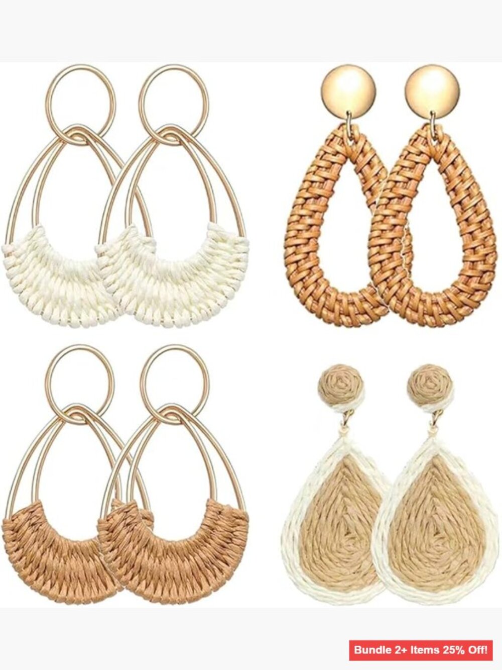Handmade Raffia Rattan Round Drop Dangle Earrings, Boho Statement Hoop Set